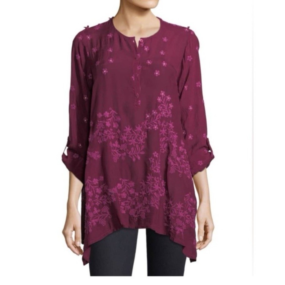 Johnny Was Blossom Rayon Georgette Blouse XS Eyelet Floral Embellished Boho